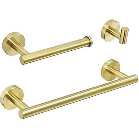 3 Piece Bathroom Accessory Set Including Robe Hook Towel Holder Toilet Roll Holder, Brushed Gold Finish Wall Mounted (1/5)