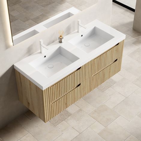 Meuble vasque suspendu 120x46x48 cm résine blanc chêne, 4 tiroirs – salle de bains – MEUBLIV (1/5)