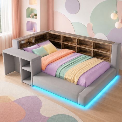 Lit 90x200 rembourré avec rangements, LED, prises intégrées et tablette, gris foncé DESVIAE (1/5)
