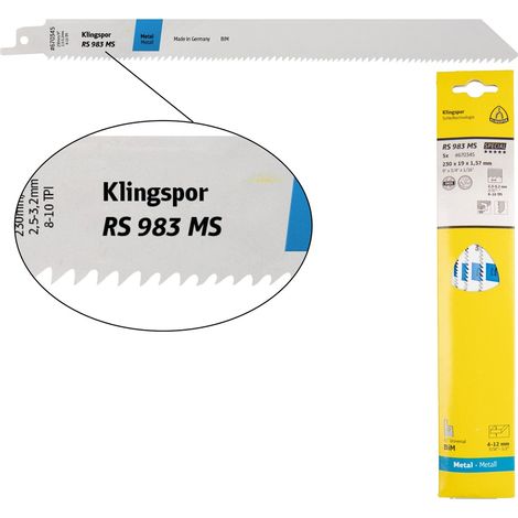 Klingspor RS 983 MS Säbelsägeblätter, 230 x 19 x 1,57 mm Nutzlänge 210Bi-Metall, gefräst, geschränkt , 8-10 Zähne pro Zoll, SB-verpackt im Karton