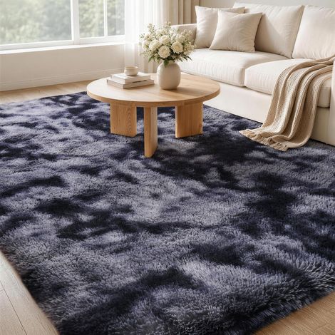 Tapis à Poils Longs 120x180cm Noir, Tapis Doux antidérapant Moelleux Grand tapis Tie-dye pour salon chambre et espace jeu, confortable pour famille et animaux domestiques avec base antidérapante (1/5)