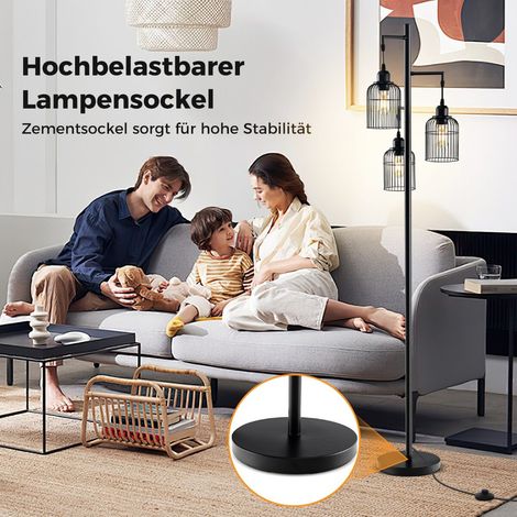 Lampadaire industriel noir 169 cm en métal avec 3 abat-jour, base en ciment et interrupteur au pied pour salon, chambre et bureau (1/5)