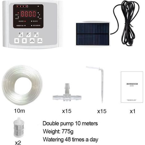1 système d'irrigation goutte-à-goutte, contrôleur automatique avec double pompe, panneau solaire intégré pour jardin et pots (1/4)