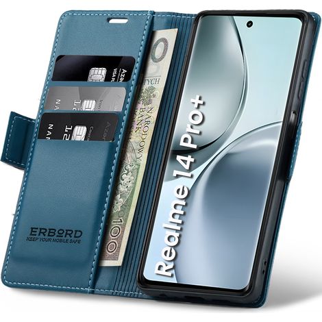 Funda para Realme 14 Pro+ 5G, tipo cartera con tapa, diseño brillante de lichi, color azul. (1/5)