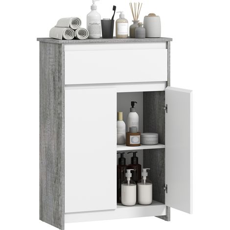 Beyamis Salle de bain mobile avec tiroir et doubles portes gris et blanc (1/5)