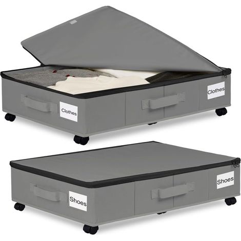 Boîte de rangement sous lit avec roulettes silencieuses, organisateur pliable anti-poussière en tissu Oxford 600D pour vêtements, chaussures et jouets (Gris trompette) (1/5)