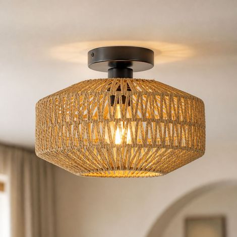 Plafonnier en rotin tressé artisanal avec base en bois massif, design bohème, diamètre 30cm, douille E26, idéal couloir entrée (1/5)