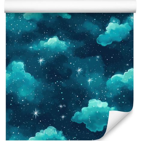 Papier peint aquarelle galaxie turquoise, bleu marine et céladon 50x1000 cm (1/5)