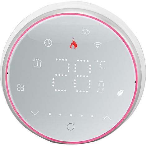 Thermostat intelligent sans fil programmable et précis, compatible Wi-Fi, avec commande vocale via application, pour chauffage électrique AC95-240V, base ronde, blanc.