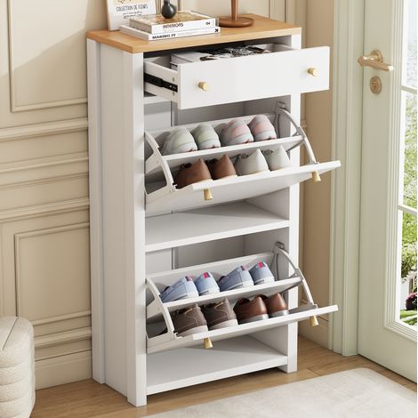 Meuble à chaussures abattant 50x25x95 cm blanc et décor bois en MDF avec 2 abattants, tiroir et étagères réglables (1/5)