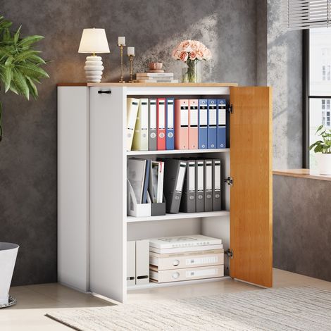 Armoire de Bureau Highboard Sideboard 80x40x110 cm en MDF Blanc et Chêne avec Façade à Lattes (1/5)
