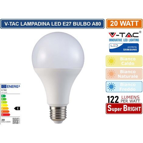 V-TAC VT-233 LAMPADINA LED E27 20W BULB A80 GOCCIA SMD CHIP SAMSUNG - SKU 21237 / 21238 / 21239 - Colore Luce: Bianco Freddo
