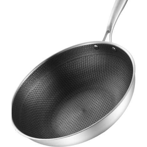 Wok en acier inoxydable à double face alvéolée à 3 couches antiadhésives et facile à nettoyer, 34 cm (sans couvercle ni anses). (1/5)