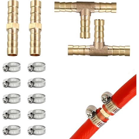 Connecteur Cannelé En Laiton, 2× 8mm Raccord De Tuyau En Laiton, 2× 10 mm - 3 Voies En Forme de T Raccord Gaz, 10 Colliers de Tuyau en Acier Inoxydable Pour L'eau, Le Carburant, L'air, Gazole (1/5)