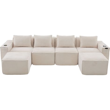 Sofá modular de 4 plazas en tejido de corduroy beige con 2 pufs, portavasos y bolsillos laterales (1/5)