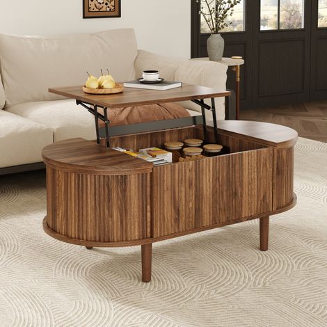 Tavolino basso ovale sollevabile con vano contenitore, MDF e gambe in legno massiccio, noce HAVRYA (1/5)