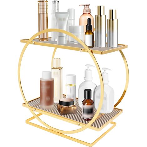 Organisateur de maquillage à 2 étages, pour soins de la peau, parfum, rangement de parfums, étagère de rangement pour cosmétiques, 2 étages, plateau pour salle de bain, 28 x 15,5 x 28,5 cm