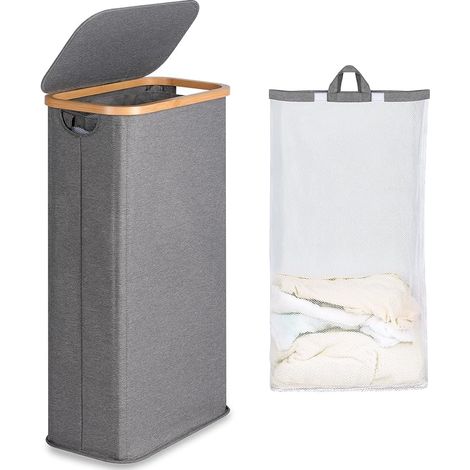 Panier à Linge Mince 63L, Panier à Linge étroit avec Couvercle, Gris Bac à Linge Pliable avec Poignées en Bambou et sac Amovible pour Chambre, Salle de Bain, Buanderie (1/5)