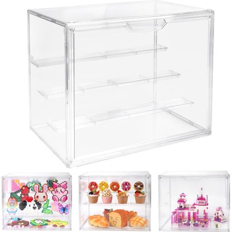Vitrine acrylique à 3 niveaux – Boîte d'affichage transparente étanche à la poussière avec 20 supports de serrage et ruban adhésif nano pour perles à repasser, figurines d'action, figurines à (1/5)