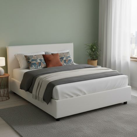 Dmora - Cama matrimonial Dalter, Cama contenedor con tapizado en ecopiel, 100% Made in Italy, Apertura frontal, adecuado para colchón Cm 160x190, Blanco (1/5)