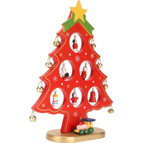 Sapin de Noël en bois pour bureau, décoration incassable et écologique, avec 8 clochettes et 7 pendentifs rouges, ornement festif sûr. (1/5)