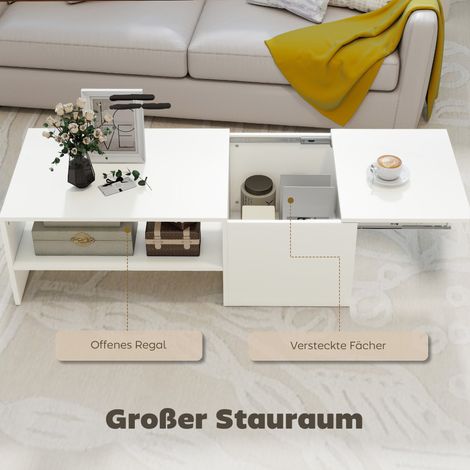 Table basse réglable, glissières métal, panneau particules, patins, blanc (1/5)