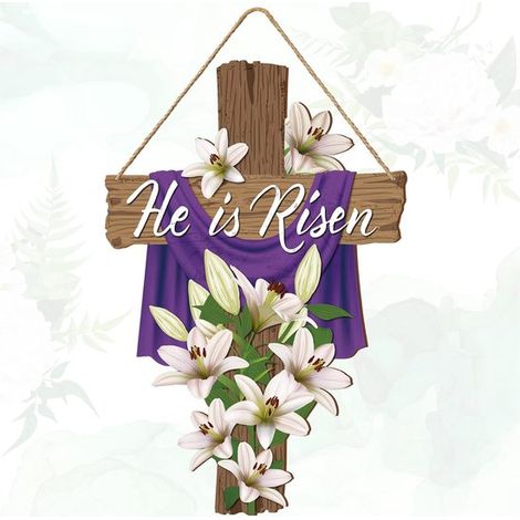 4 letreros de Pascua para puertas de 13,8 x 9,1 pulgadas – Decoración religiosa de madera para pared, ¡Ha resucitado (1/5)
