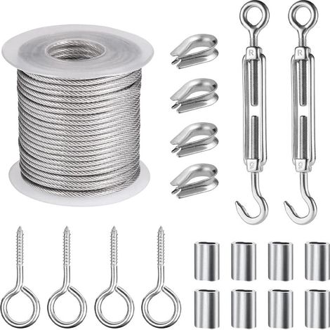 ZOLGINAH Kit para colgar cuerdas de acero inoxidable de 15 m, kit de cuerda de alambre recubierto de PVC con cable tensor M5 y ganchos de ojo, para cuerda de tienda, tendedero, candelabro al aire libr (1/5)