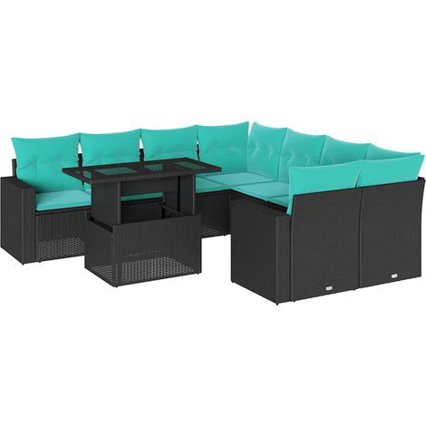 9-teiliges Gartensofa-Set mit Kissen, schwarzes Polyrattan vidaXL (1/5)