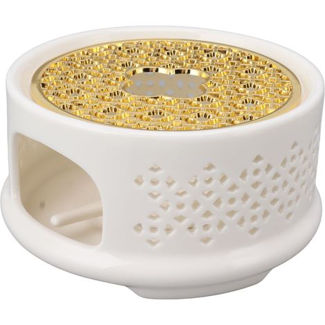Chauffe-théière/cafetière en céramique avec couvercle cuillère et porte-bougie blanc (1/5)