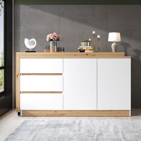 Bureau à roulettes verrouillables – design multifonctionnel, plateau pivotant de 4 cm d'épaisseur, verrouillable, blanc/chêne, bureau pliable, bureau d'angle, buffet, matériau épais (1/5)