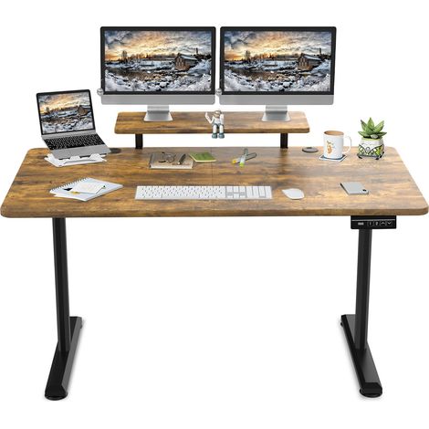 Bureau Assis Debout 160x70cm, Support Écran, Télétravail, Marron (1/5)