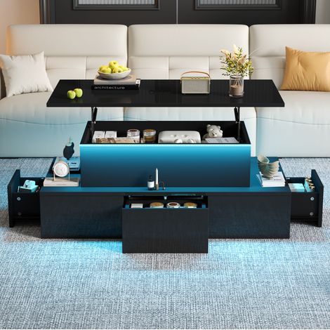 Mesa centro elevable LED con almacenaje MDF negro OKMYHOME (1/5)