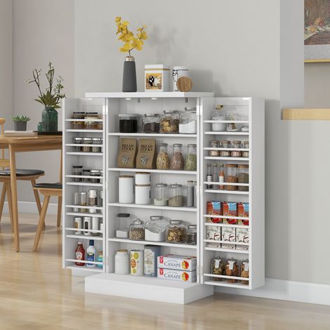 Armoire à garde-manger 60x30x104 cm Blanc de cuisine avec 2 portes 16 étagères Placard moderne avec réglables