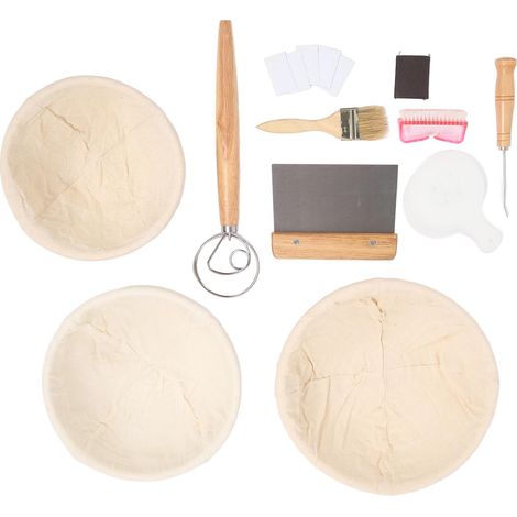 Panier à pain de fermentation 20 cm, 22,5 cm et 25 cm avec coupe-pain et couteau à découper, ensemble d'accessoires de boulangerie en rotin rond pour la maison. (1/5)