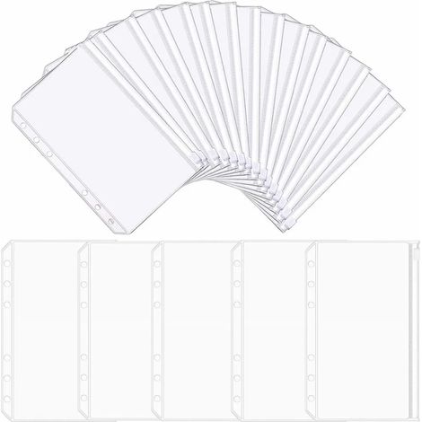 20 pochettes transparentes en PVC à 6 trous pour classeurs A6, pochettes zippées et imperméables pour carnets de budget, agendas et classeurs A6. (1/4)