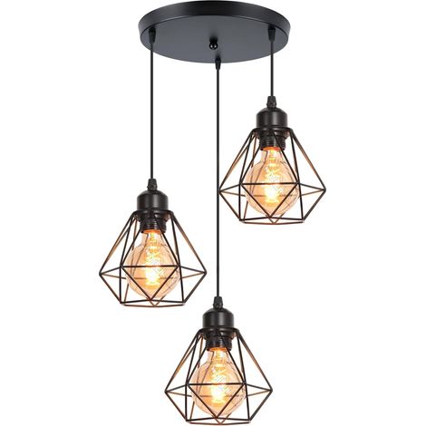 Suspension Industrielle 3 Lampes Noir Métal Cage Ø16cm Douille E27 Éclairage Plafond Design Vintage pour Salon Cuisine Chambre (1/5)