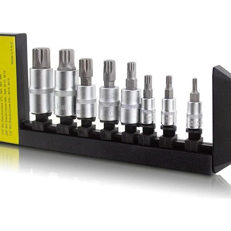 Monmobilierdesign – Coffret de 8 douilles Torx et spline mâle/femelle 1/4" 3/8" 1/2" en acier chrome-vanadium – Support mural inclus (1/3)
