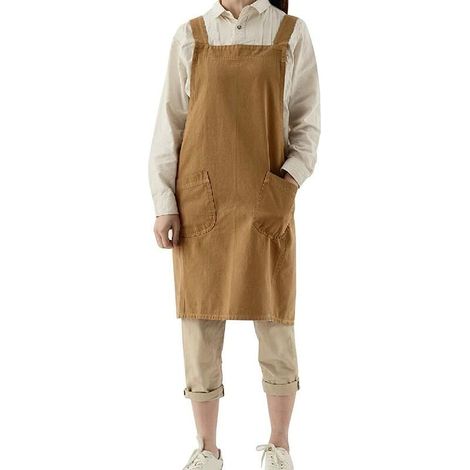 Tablier de jardinage Tablier japonais en coton et lin croisé pour femme avec poches, robe chasuble à la mode pour le jardinage, la peinture, le nettoyage, la cuisine - Jaune-02 (1/5)