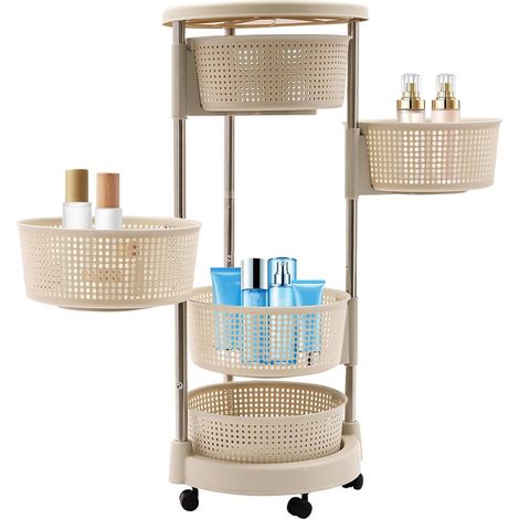Chariot de rangement de cuisine mobile, étagère de rangement multifonctionnelle, chariot de courses à 5 niveaux + 5 roues universelles, panier grillagé rotatif à 360° (kaki) (1/5)