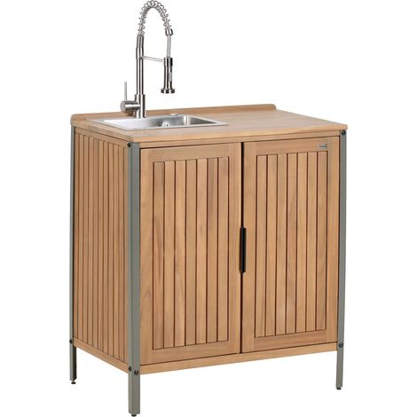 Outdoor-Küchenschrank mit Spüle IVREA zertifiziertes Akazienholz Braun / Silber