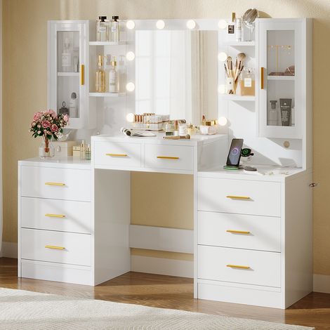 Coiffeuse avec 10 globes lumineux LED, 3 couleurs, coiffeuse avec prise et grand miroir, 8 tiroirs et 6 Étagères, 40P X 150L X 135H cm, Blanc (1/5)