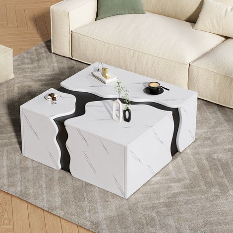 Quadratischer Couchtisch 70 x 70 x 31 cm in Marmoroptik mit Schublade, Weiß (1/5)