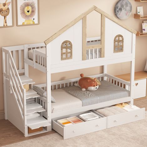 Lit superposé cabane 2 places 90 x 200 cm avec escalier à rangements, fenêtres et tiroirs, lit enfant avec sommiers inclus, blanc et naturel (1/5)