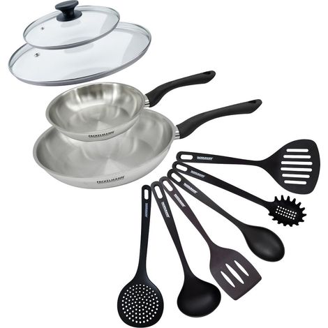 Set 2 poêles 20 et 28 cm en inox, couvercles verre et 6 ustensiles Fackelmann Geneva (1/5)