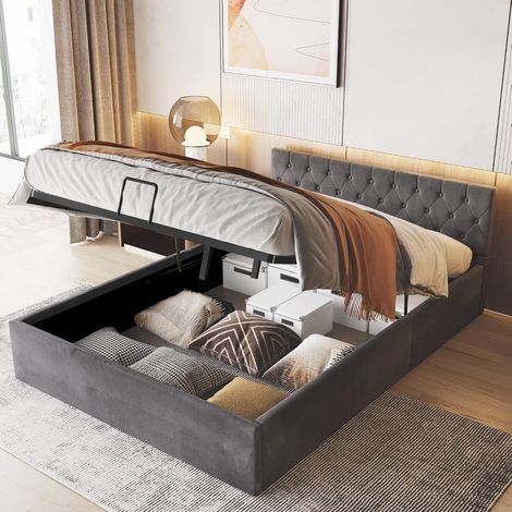 Upholstered ottoman bed with storage opening, lift-up bed frame in plush velvet, crushed velvet fabric – Double plush velvet 135 x 190 cm, without mattress (grey) (1/5)
