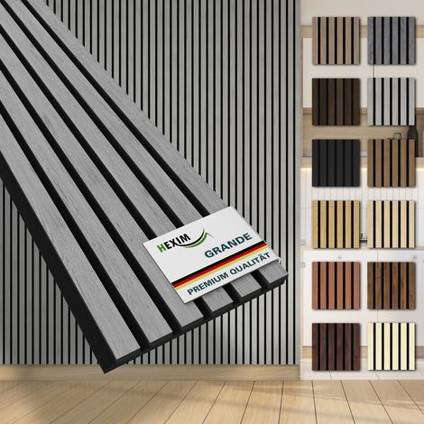 HEXIM Akustikpaneele 280x30cm Wandpaneele Grande Lamellen MDF Holz 0,85m² XXL Echtholzfurnier Wand 21mm Filz (1 Musterstück, Grey Oak)