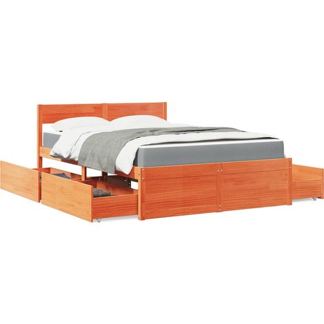 Cama con cajones y colchón madera pino marrón cera 120x190 cm