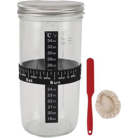 Vaso per Lievito Madre 1000ml – con Striscia Termometro e Nastro Alimentazione, Coperchio in Silicone – Vetro Robusto – Design Elegante – Ideale per Panificazione Domestica (1/5)