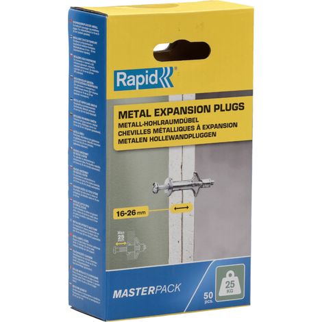 RAPID - Chevilles à Expansion Métal - 16-26mm Lot 50 Charge Max 25 kg Pour Cloison Plâtre, Fixation Solide pour Mur Creux - (5001561)